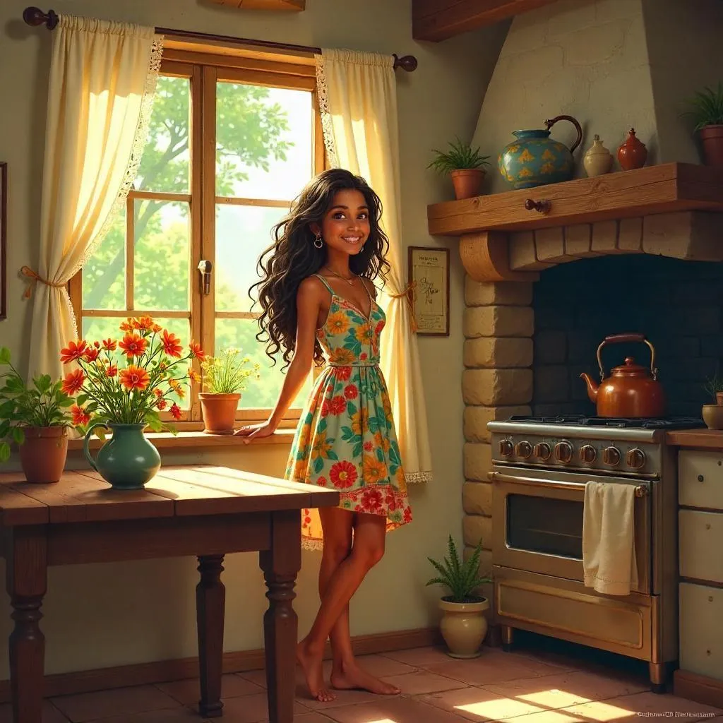 Cheerful Latina in a Cozy Cottage — Concept Art