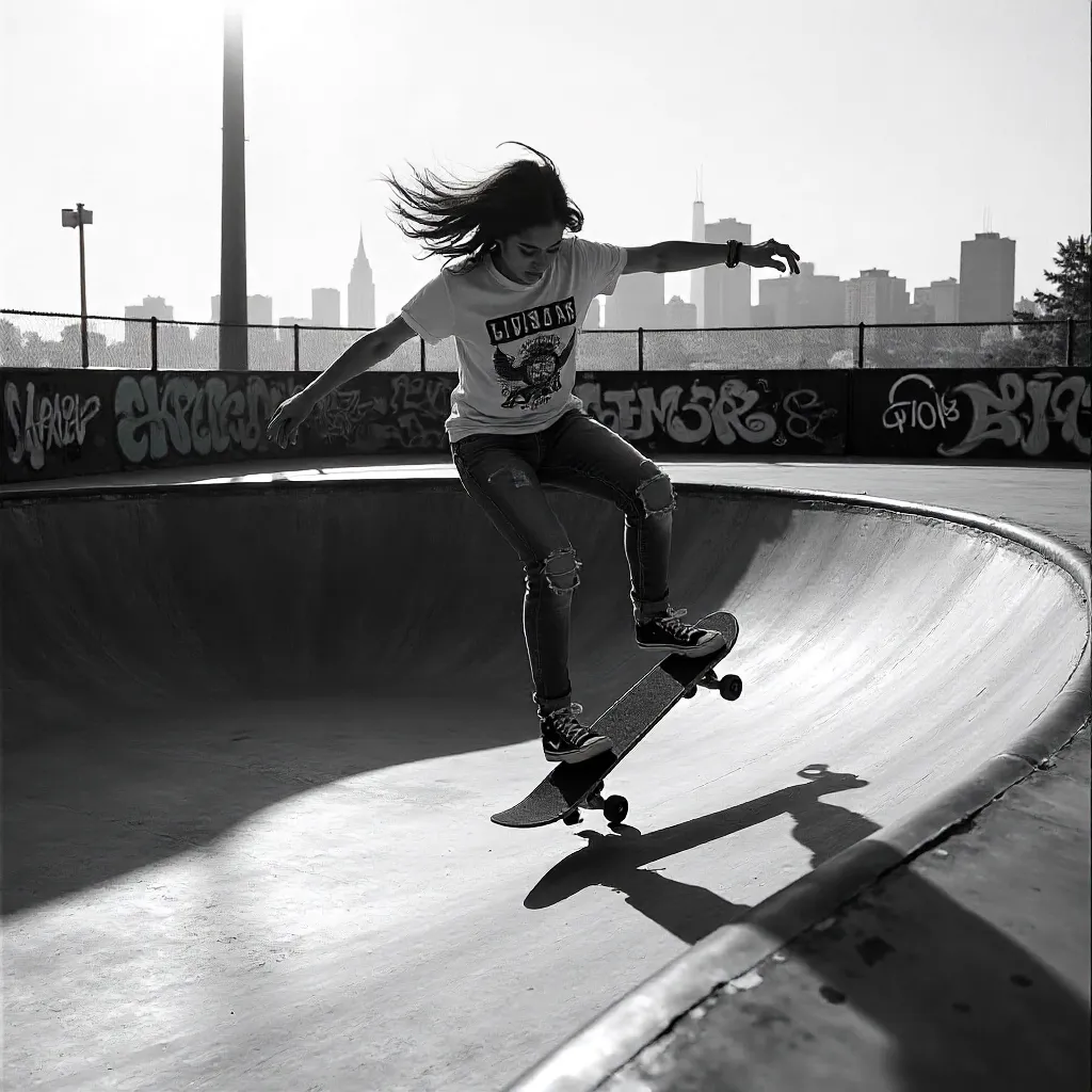 Monochrome Motion: Woman Skates New York Halfpipe