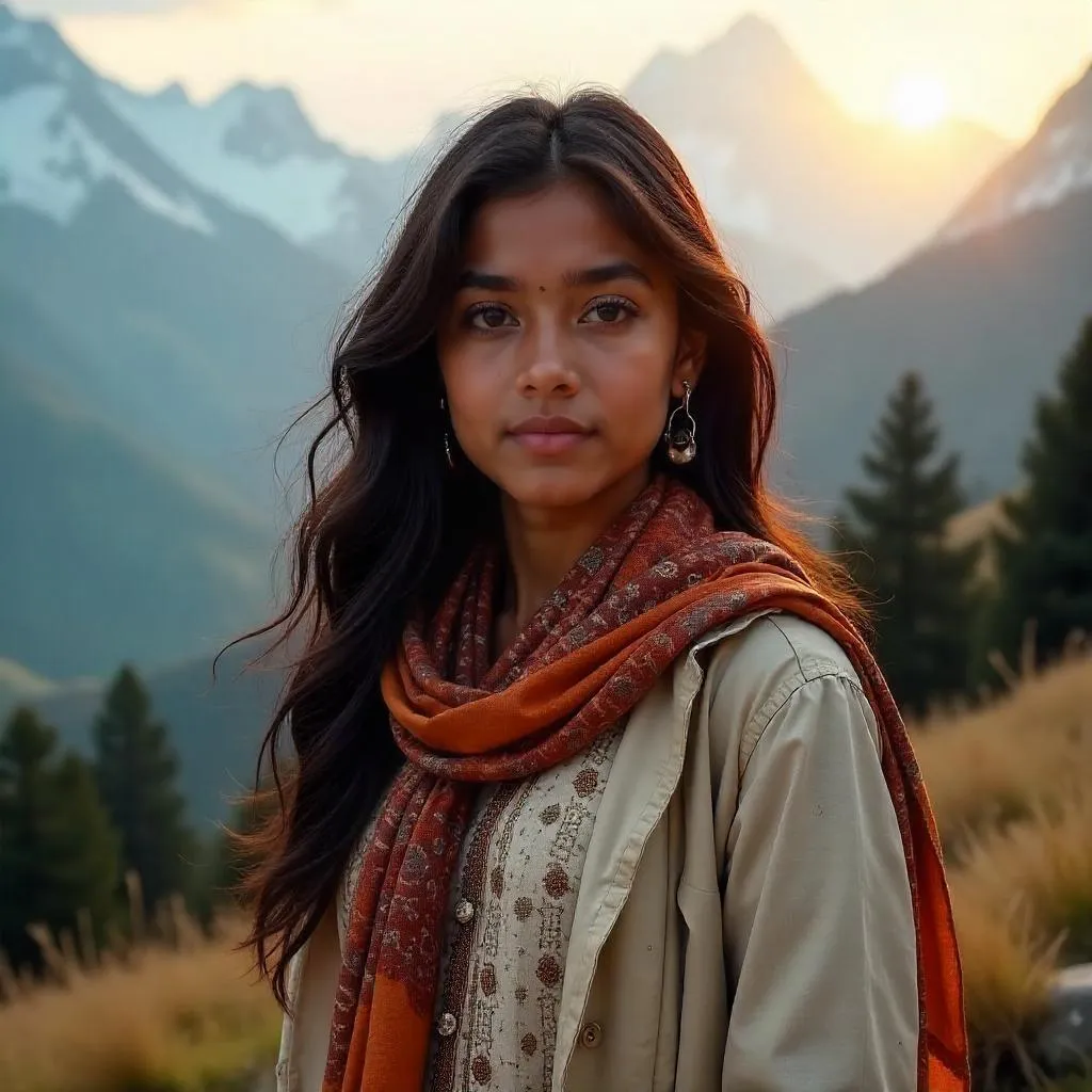 Portrait of a Young Indian Woman in the Mountains