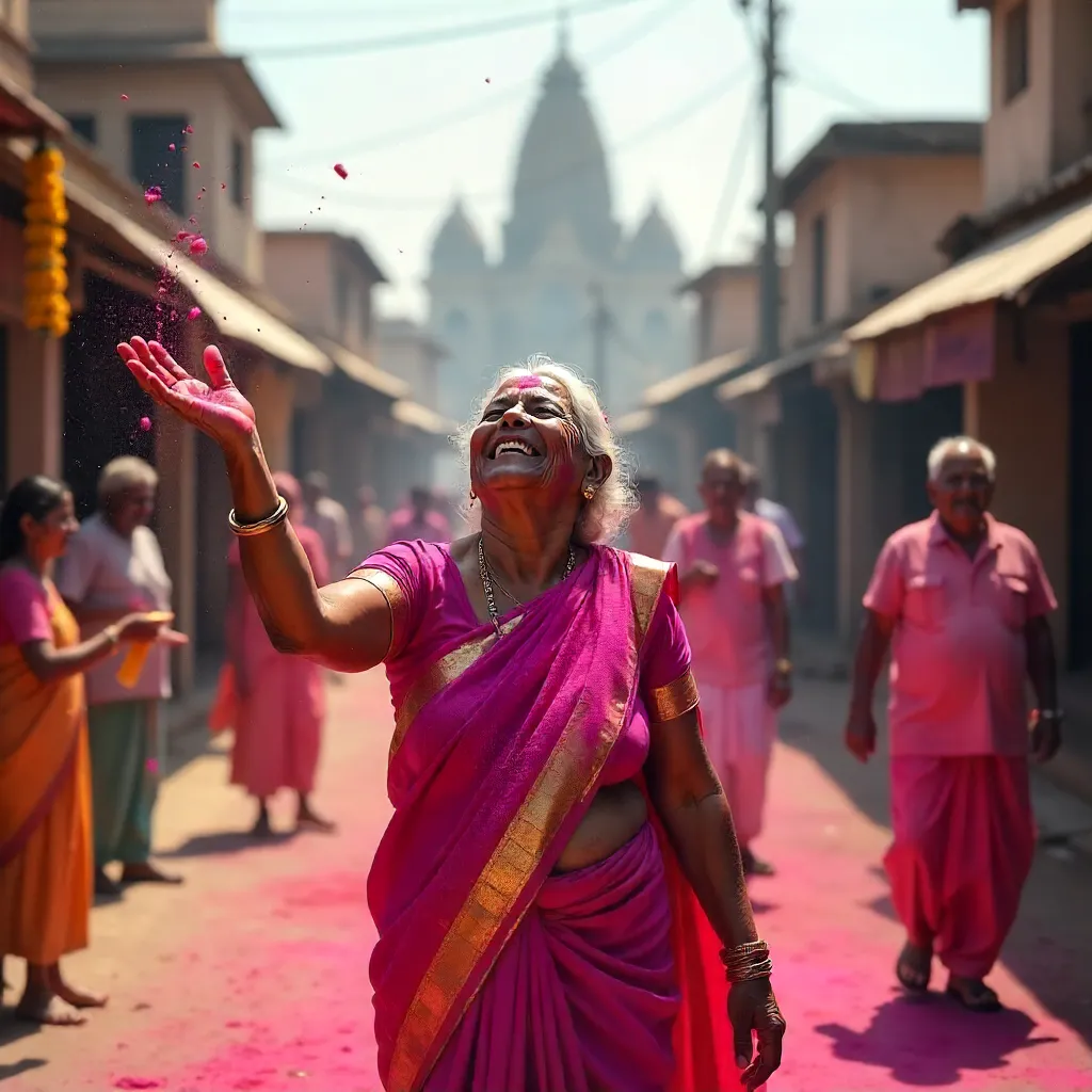 Joyful Elderly Woman Celebrates Holi in Vrindavan