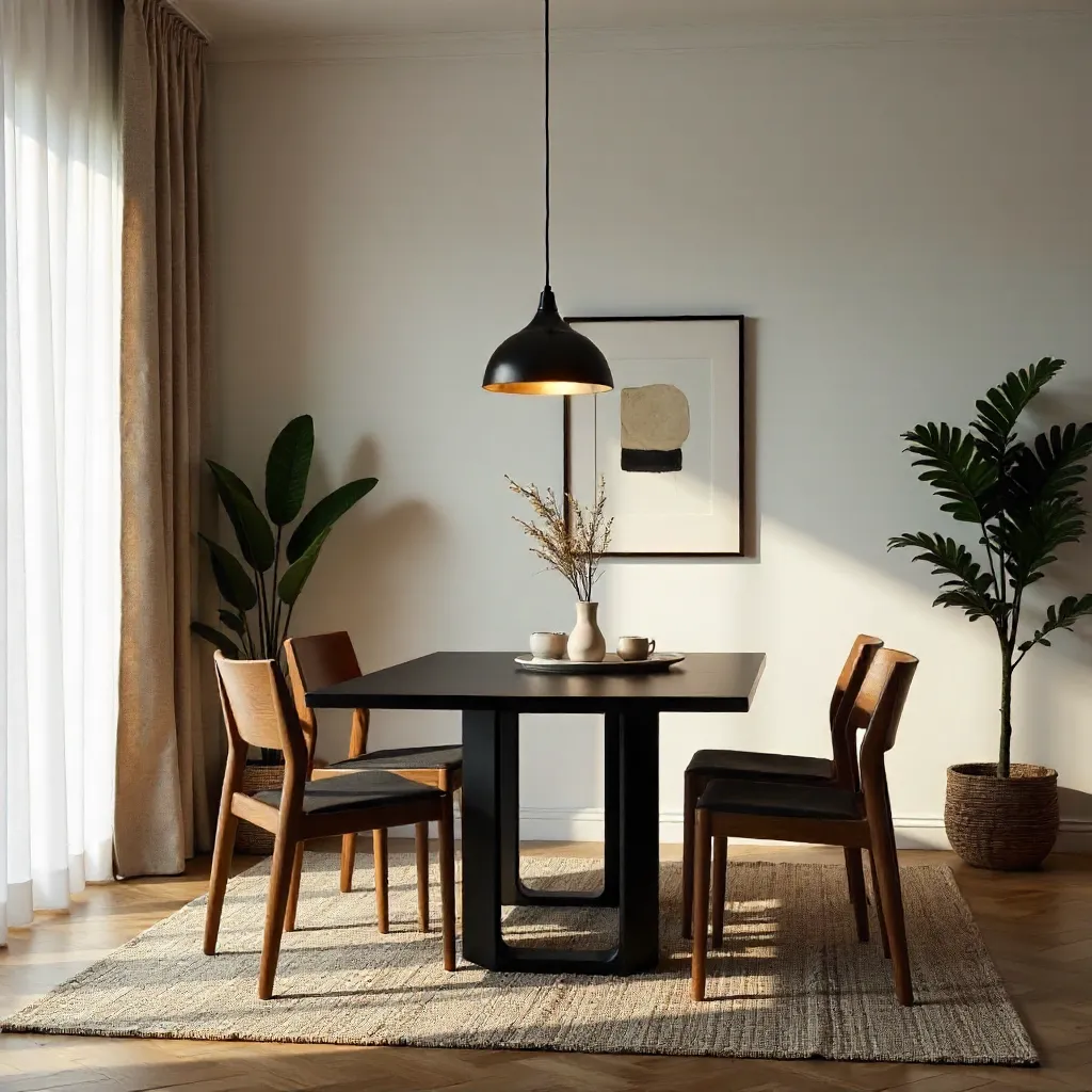 Cozy Minimalist Interior: Black Table with Wooden Chairs