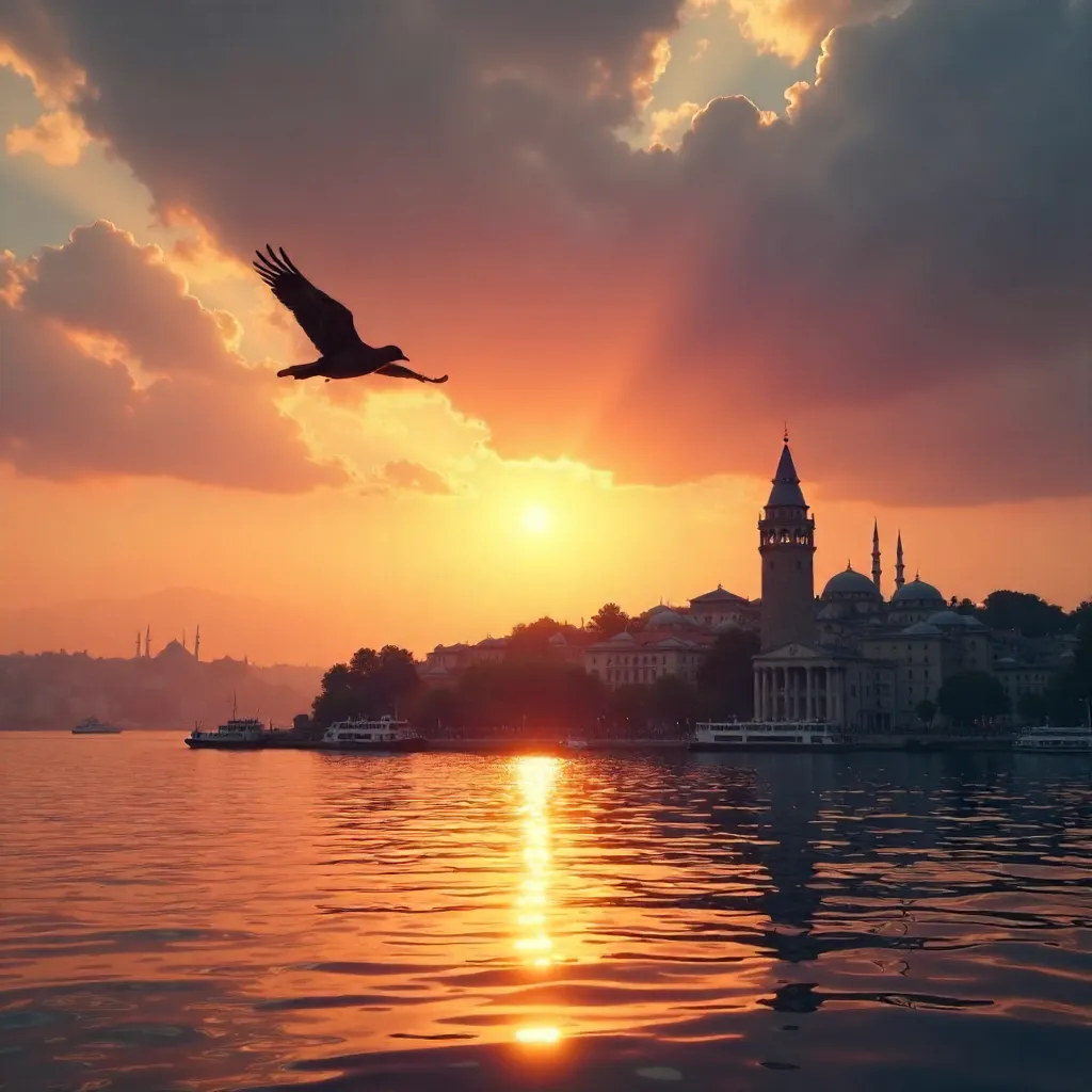Bird over Golden Horn: Galata Tower at Sunset