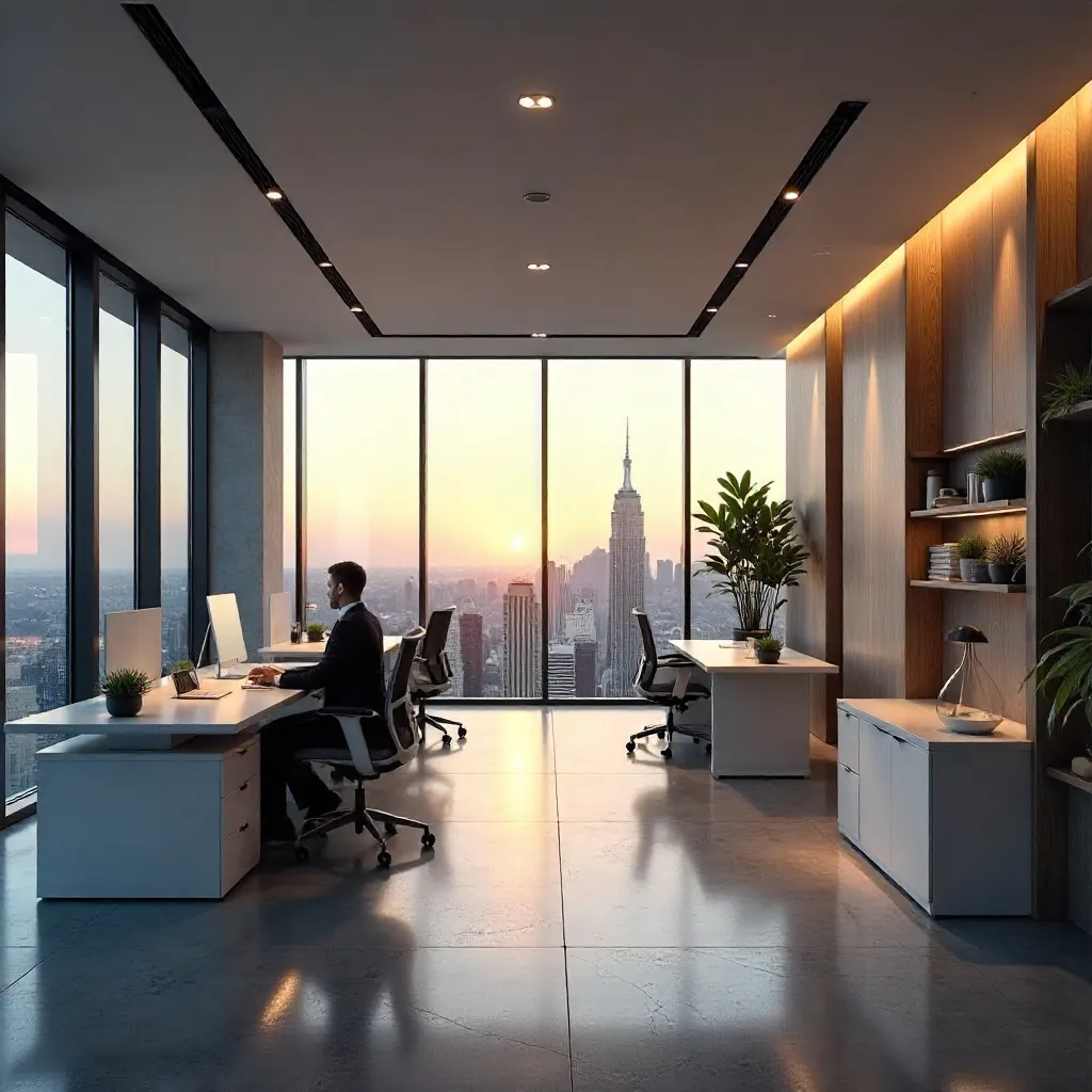 Sleek Office Space with City Skyline View
