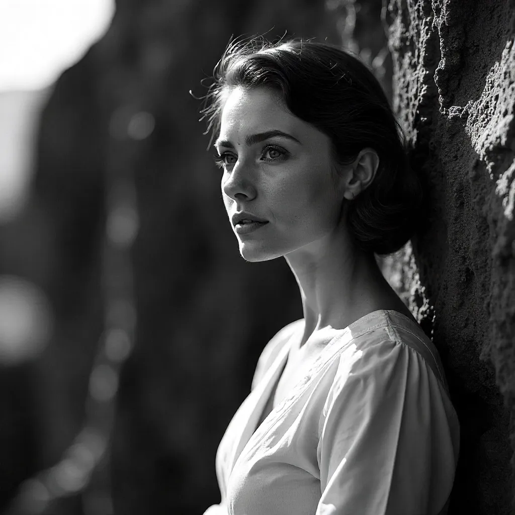 Thoughtful Woman Against a Rock in Classic B&W Portrait