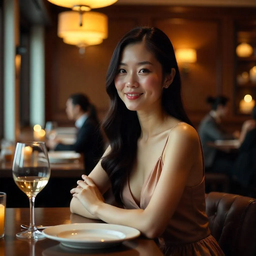 Photorealistic Asian Woman in a Cozy Restaurant
