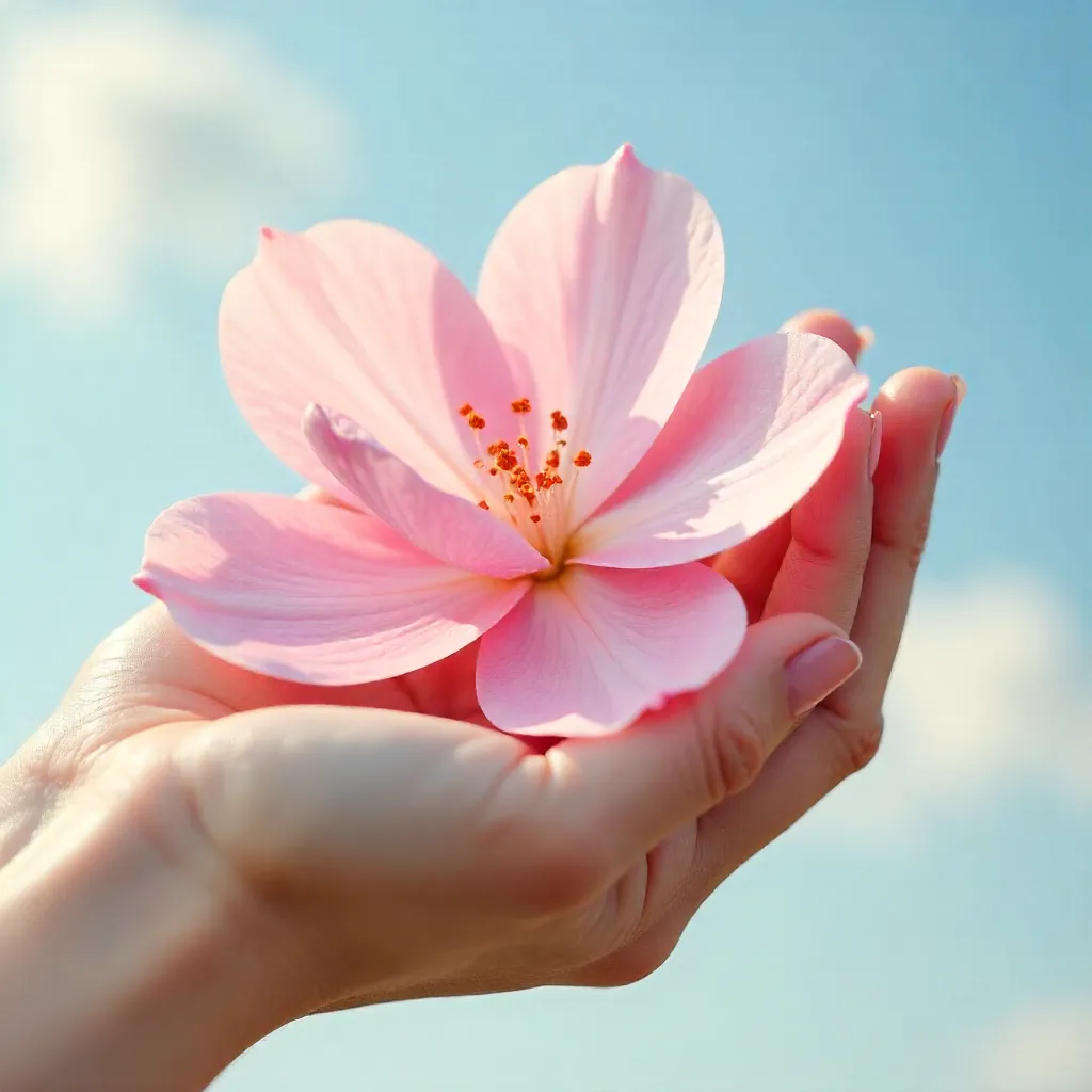 Close-up of hand holding a delicate pink flower against a blue sky