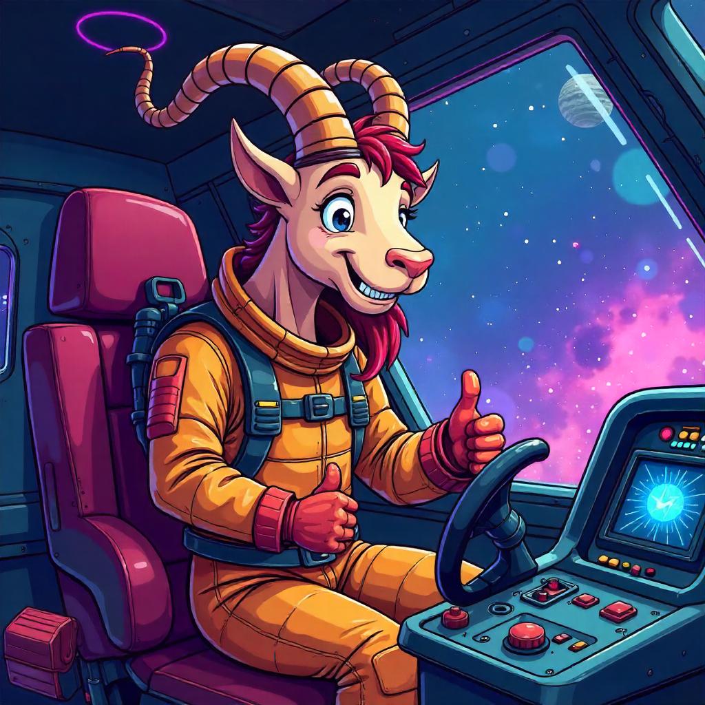 Cartoon Satyr Pilot in a Spacecraft