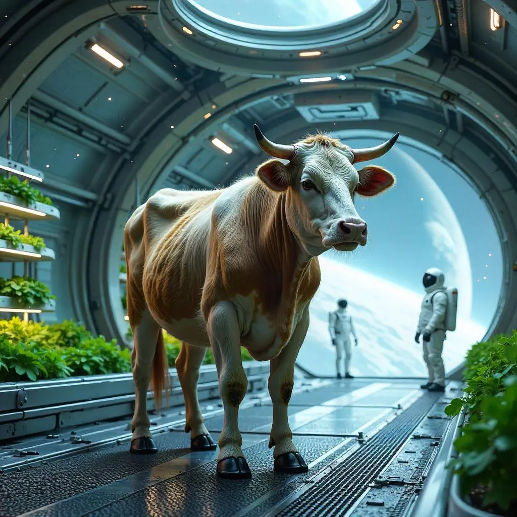 Photorealistic Cow in a Space Colony