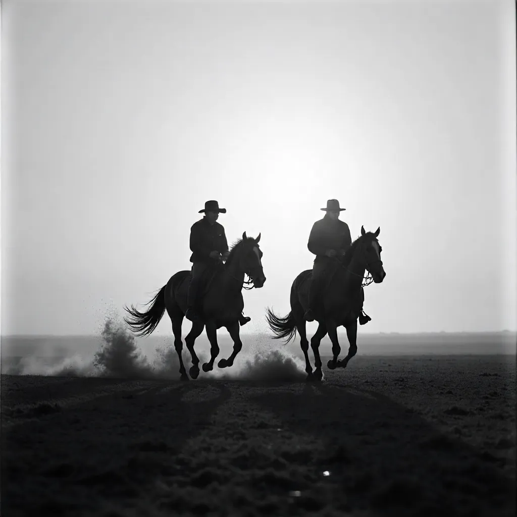 Two Riders Gallop Across Misty Plains in Monochrome
