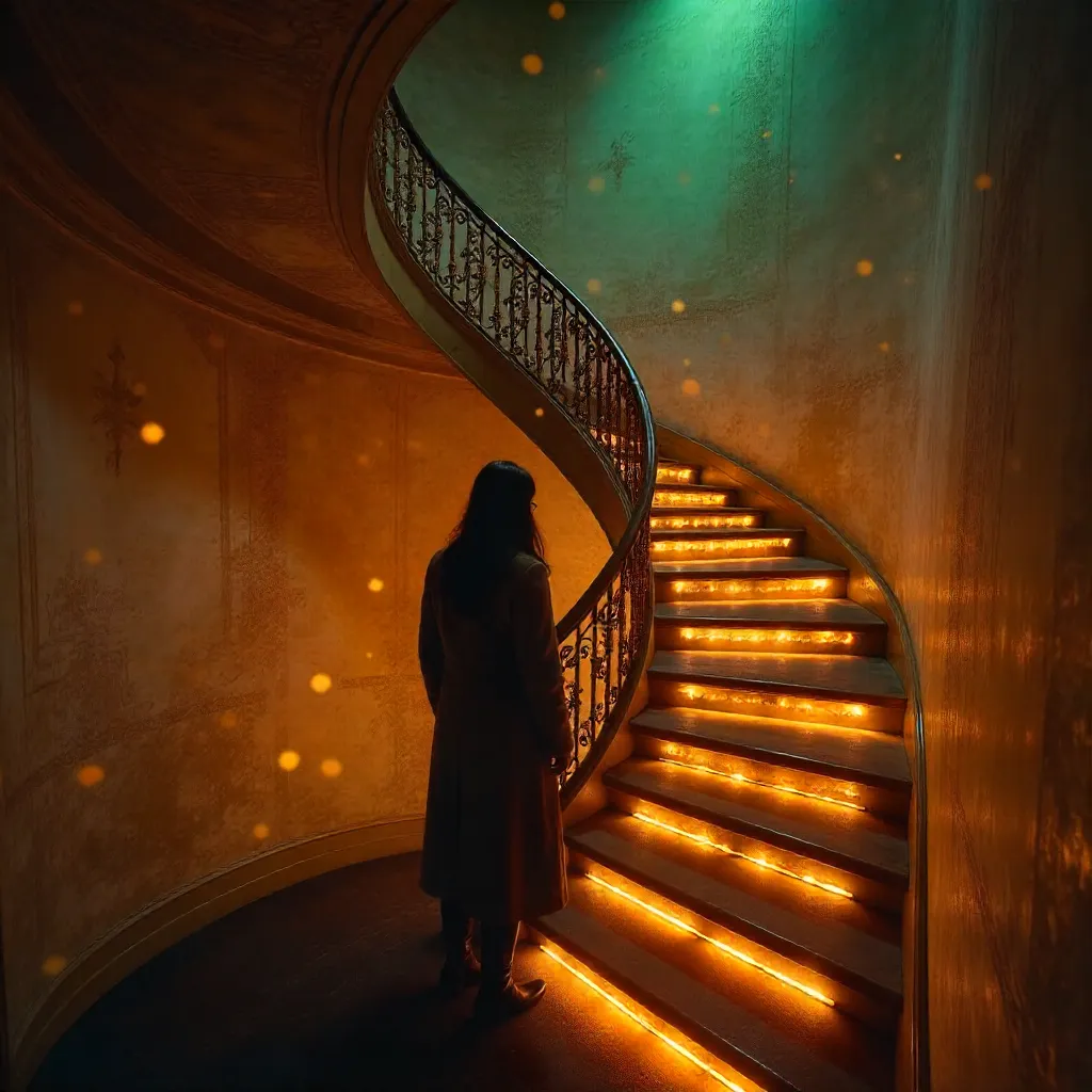 Illuminated Spiral Descent: Warm, Artistic Staircase