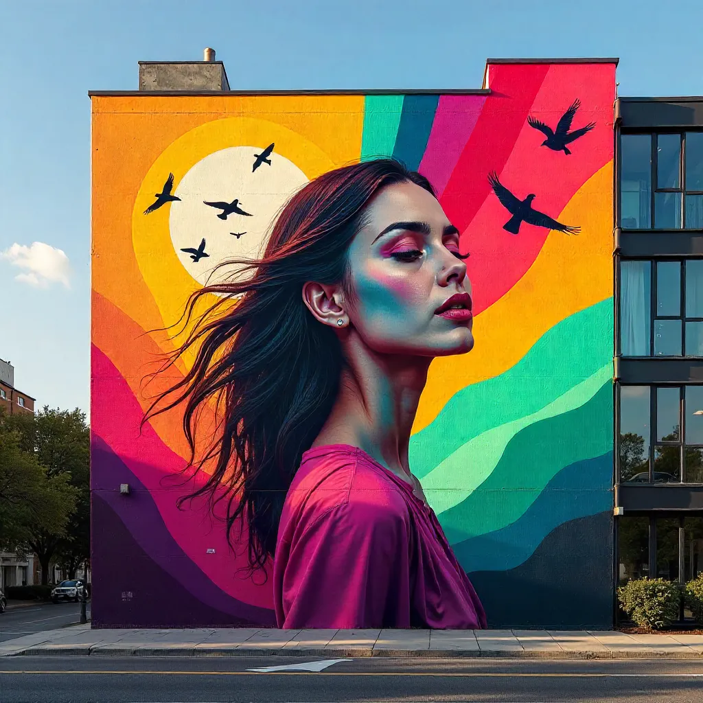 Vivid Woman and Birds Mural on a Contemporary Building