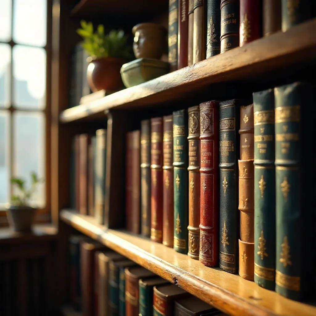 Vintage Bookshelf: Diverse Library in Warm Light