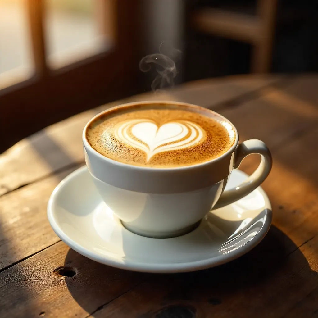 Elegant Cappuccino on Rustic Table with Latte Art
