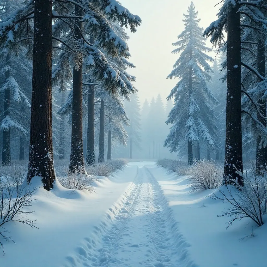 Winter Mist over a Serene Snowy Forest