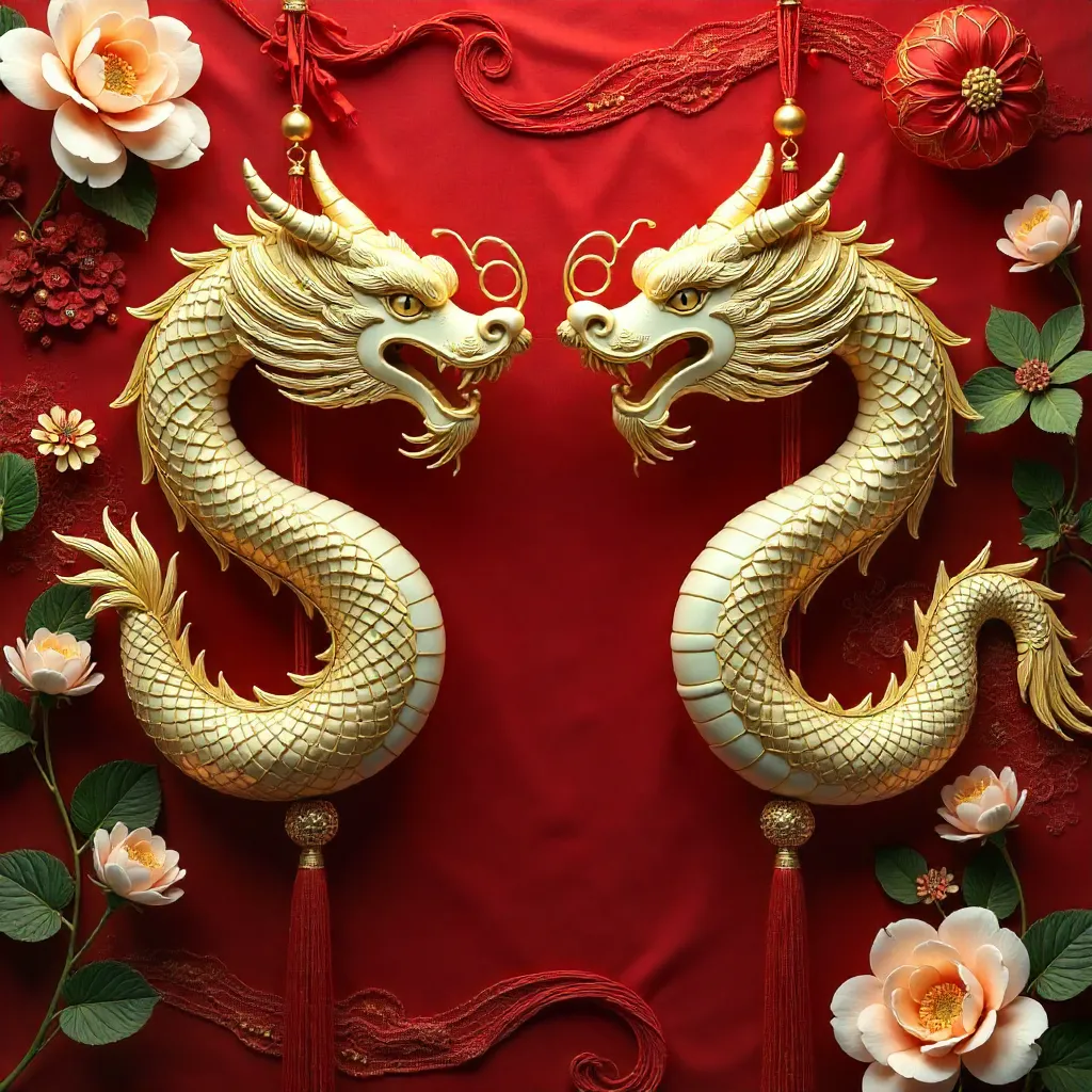 Elegant Chinese Dragon Ornaments on Red Background