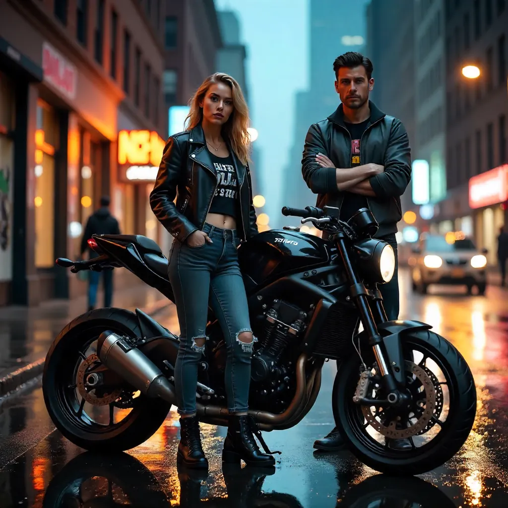 Confident duo beside a sleek urban motorcycle