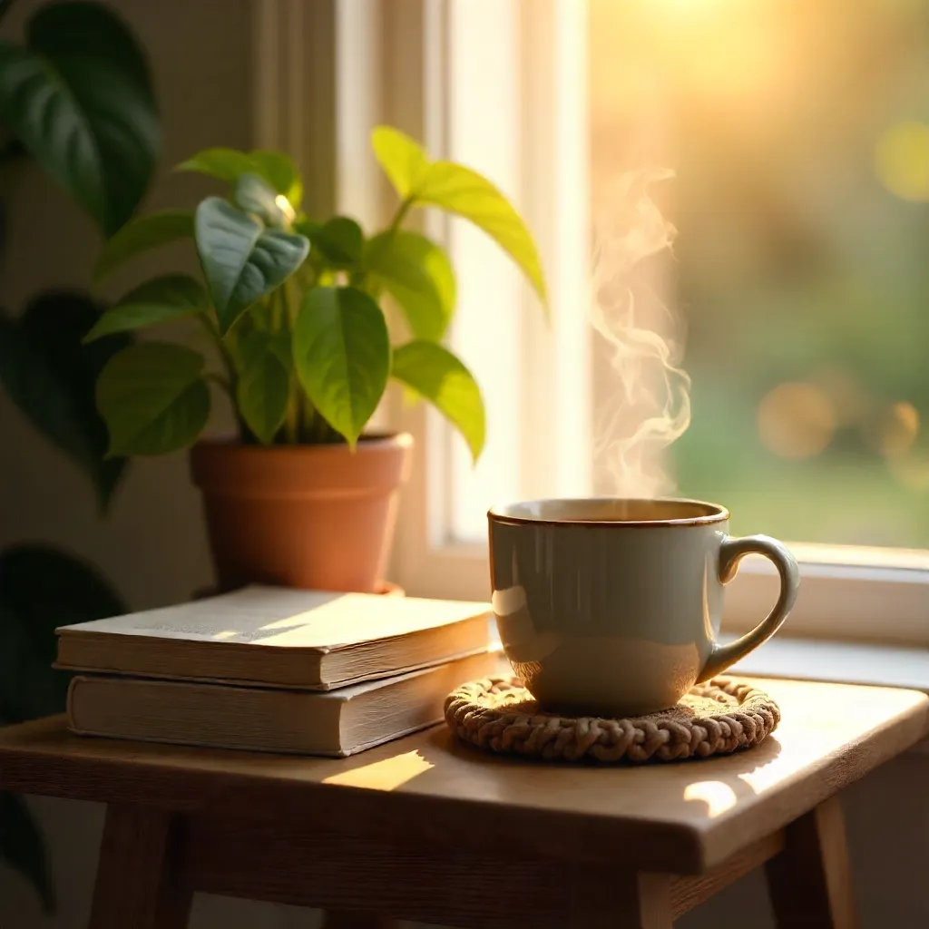 Cozy Morning Coffee by Plants and Books