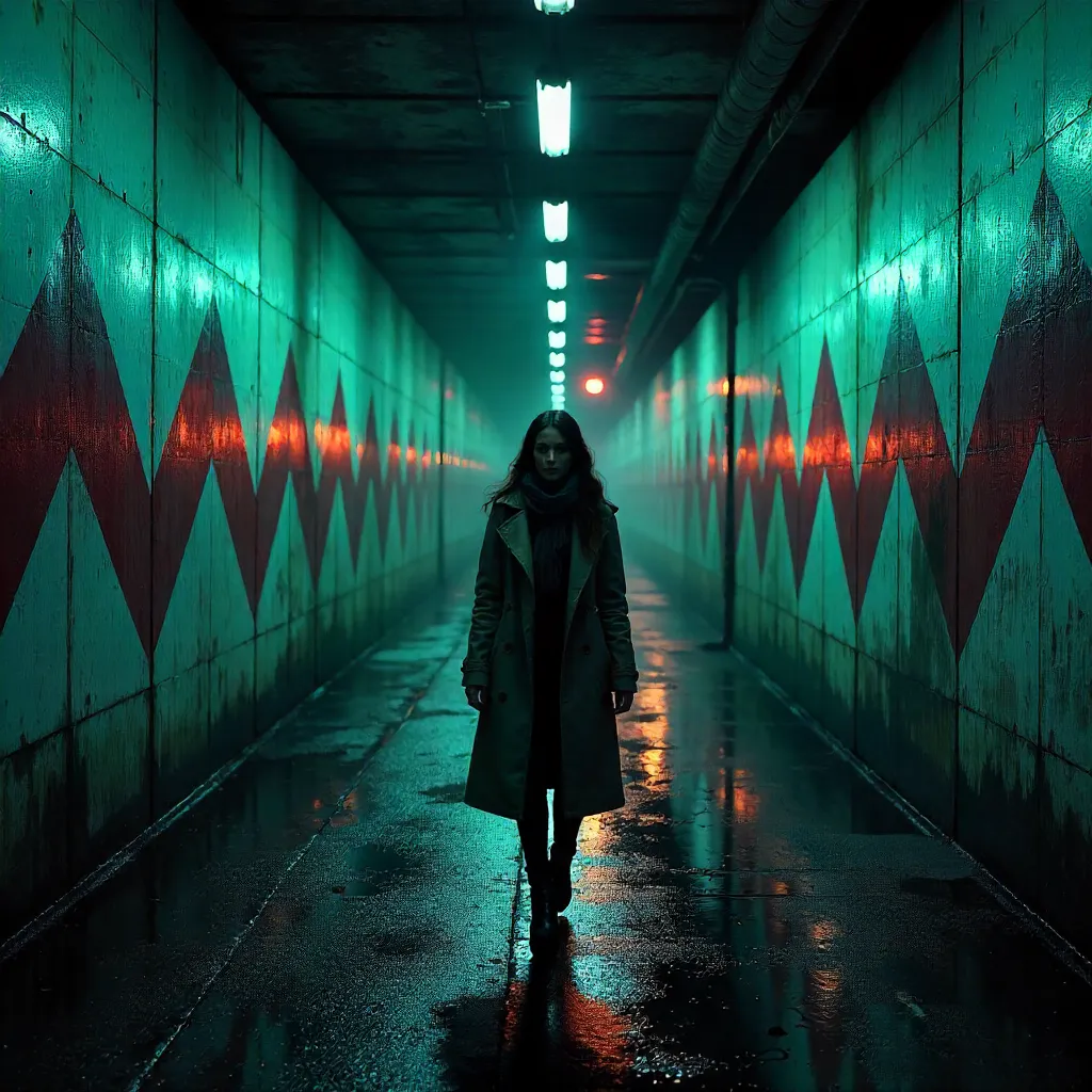 Whispering Tunnel: A Woman in Neon Shadows