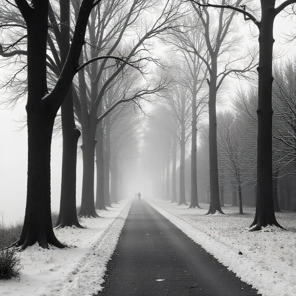 Monochrome Mist: Winter Park with Distant Figures