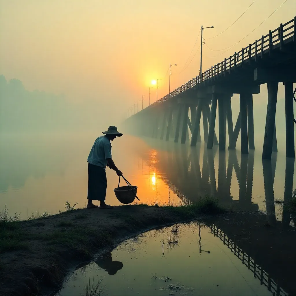 Solitary Farmer Near U Bein Bridge in Morning Mist