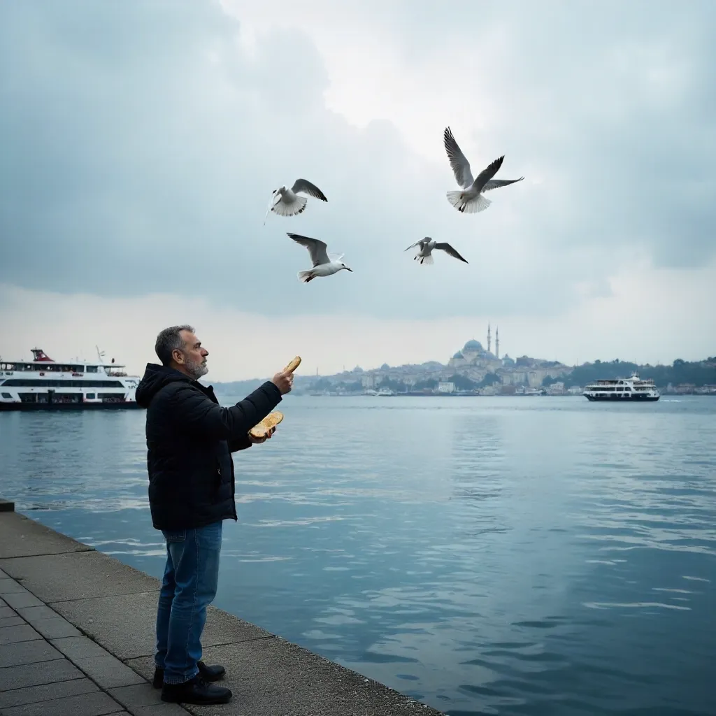 Man Feeding Seagulls by the Bosphorus in Istanbul