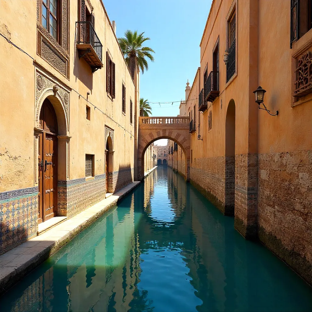 Fez Narrow Canal and Historic Medina Under Blue Sky