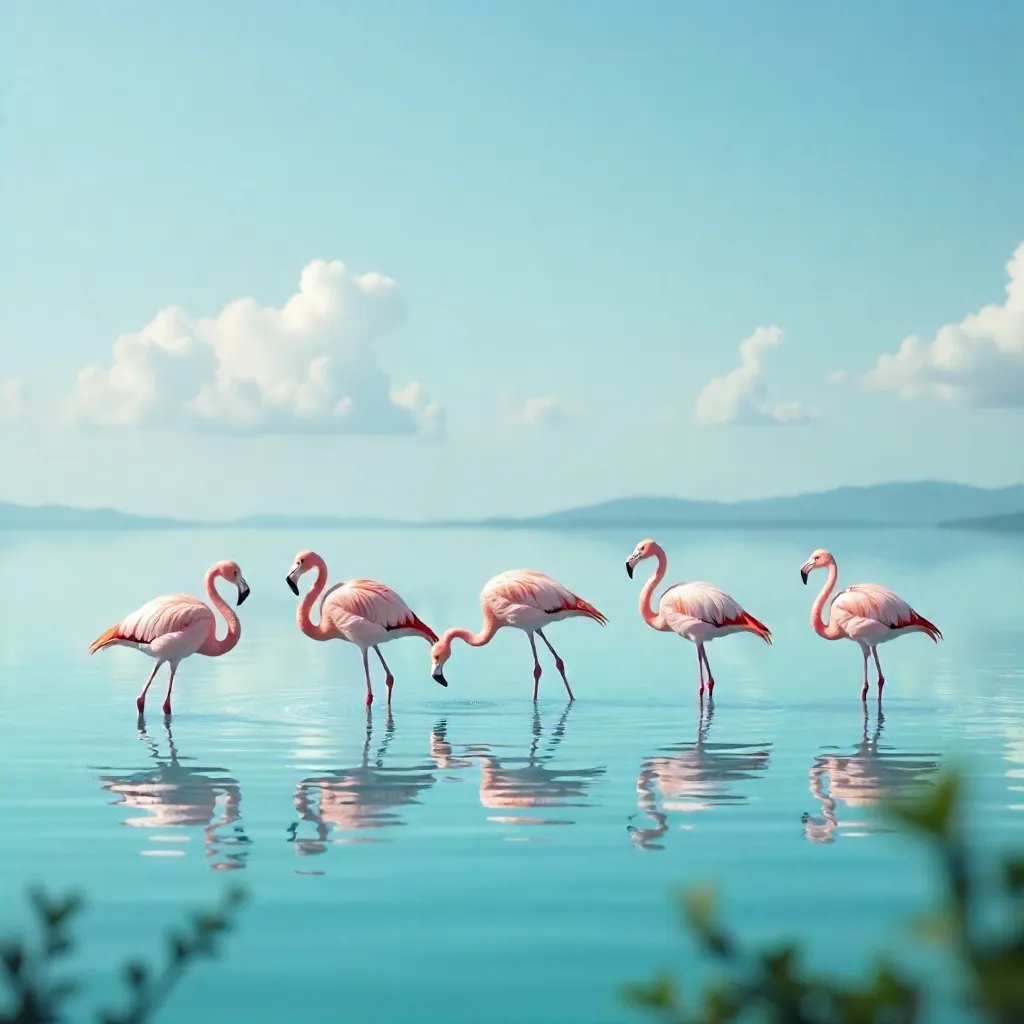 Serene Flamingos in Calm Shallow Waters