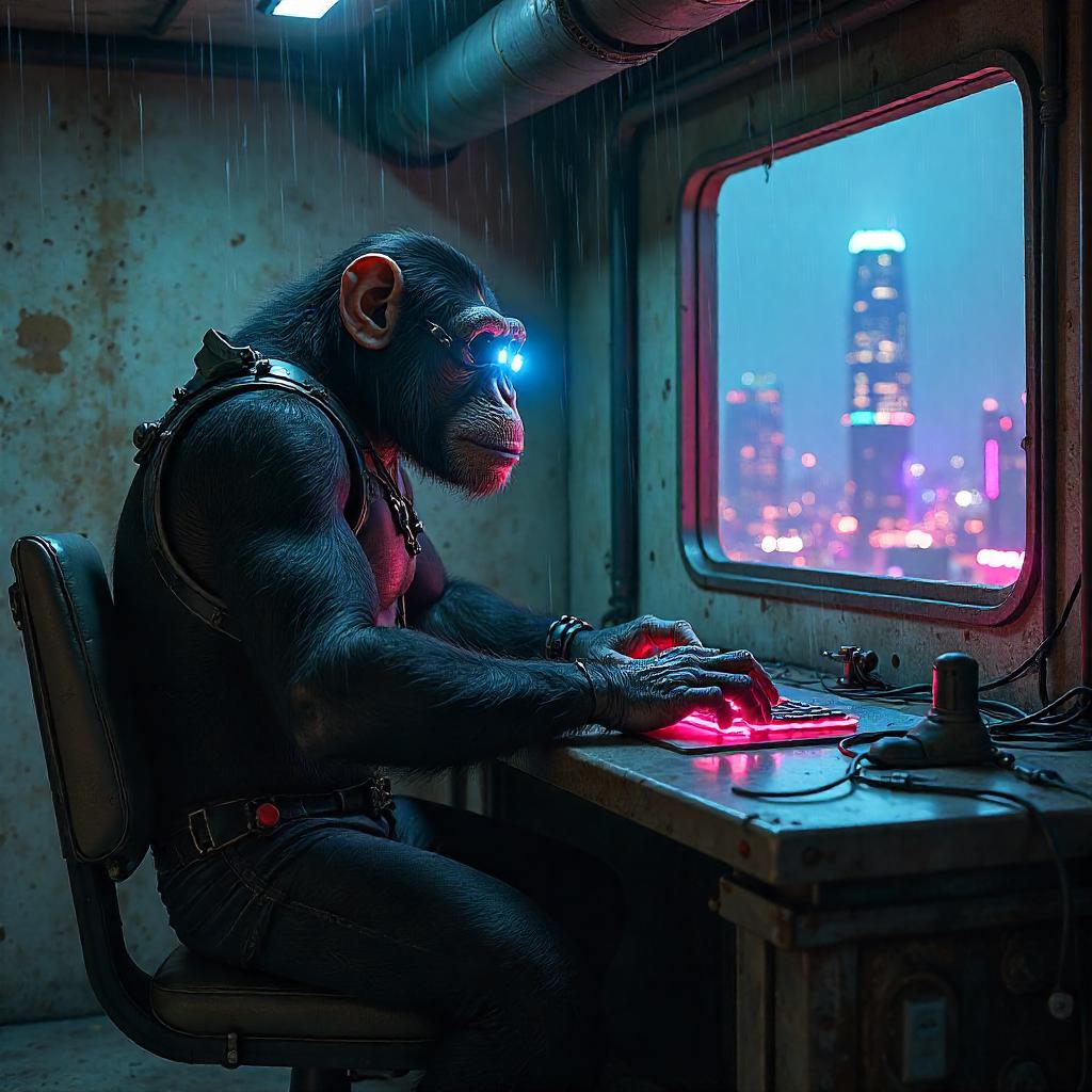 Chimpanzee Cybershock in a Neon Bunker