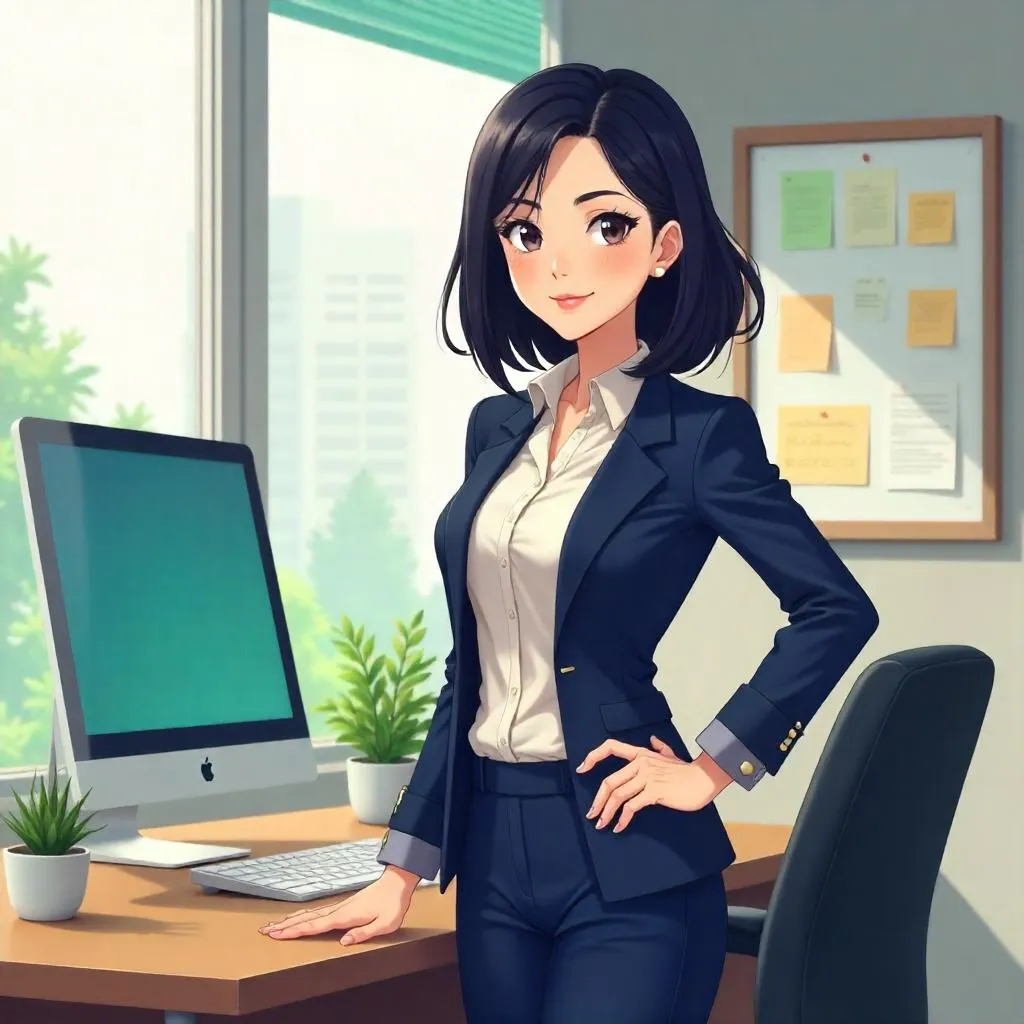 Confident Asian Woman in a Modern Anime Workspace