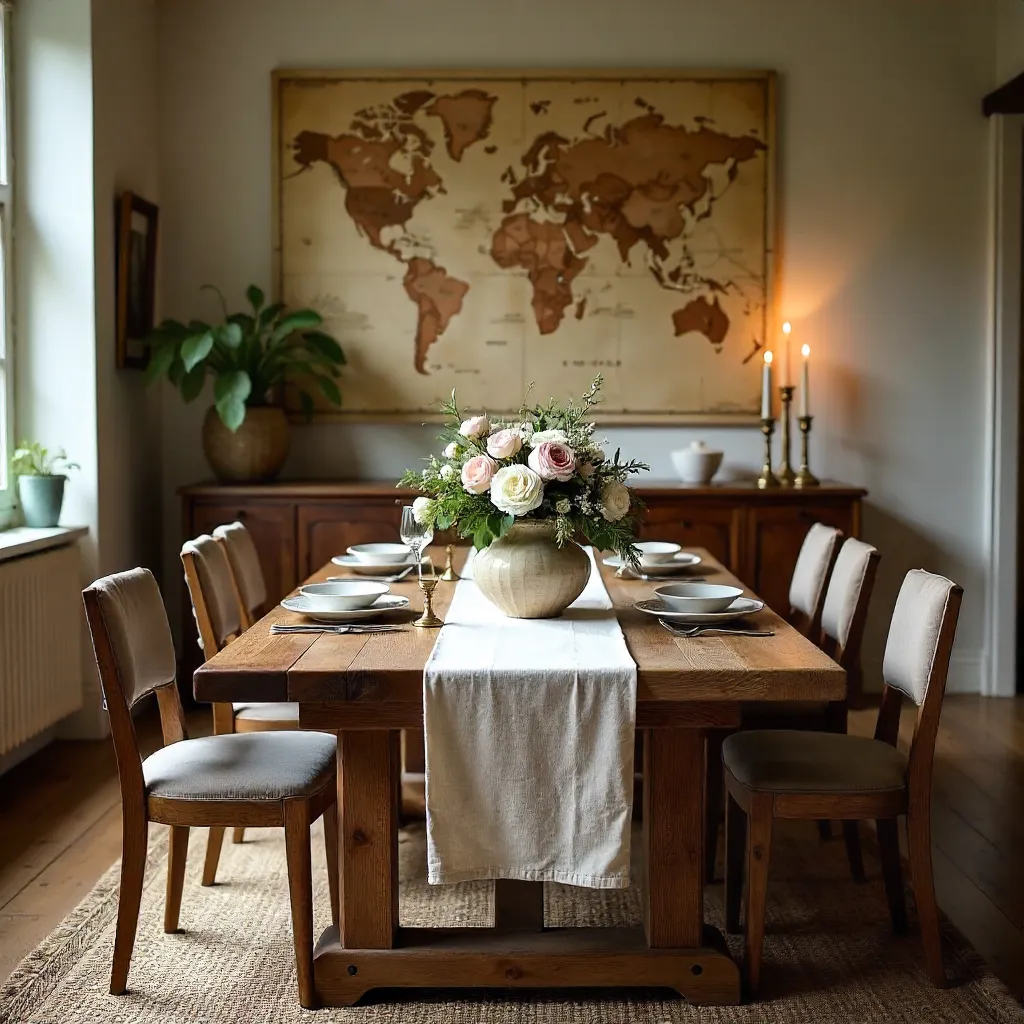 Cozy Dining Room with Vintage Map and Floral Arrangement