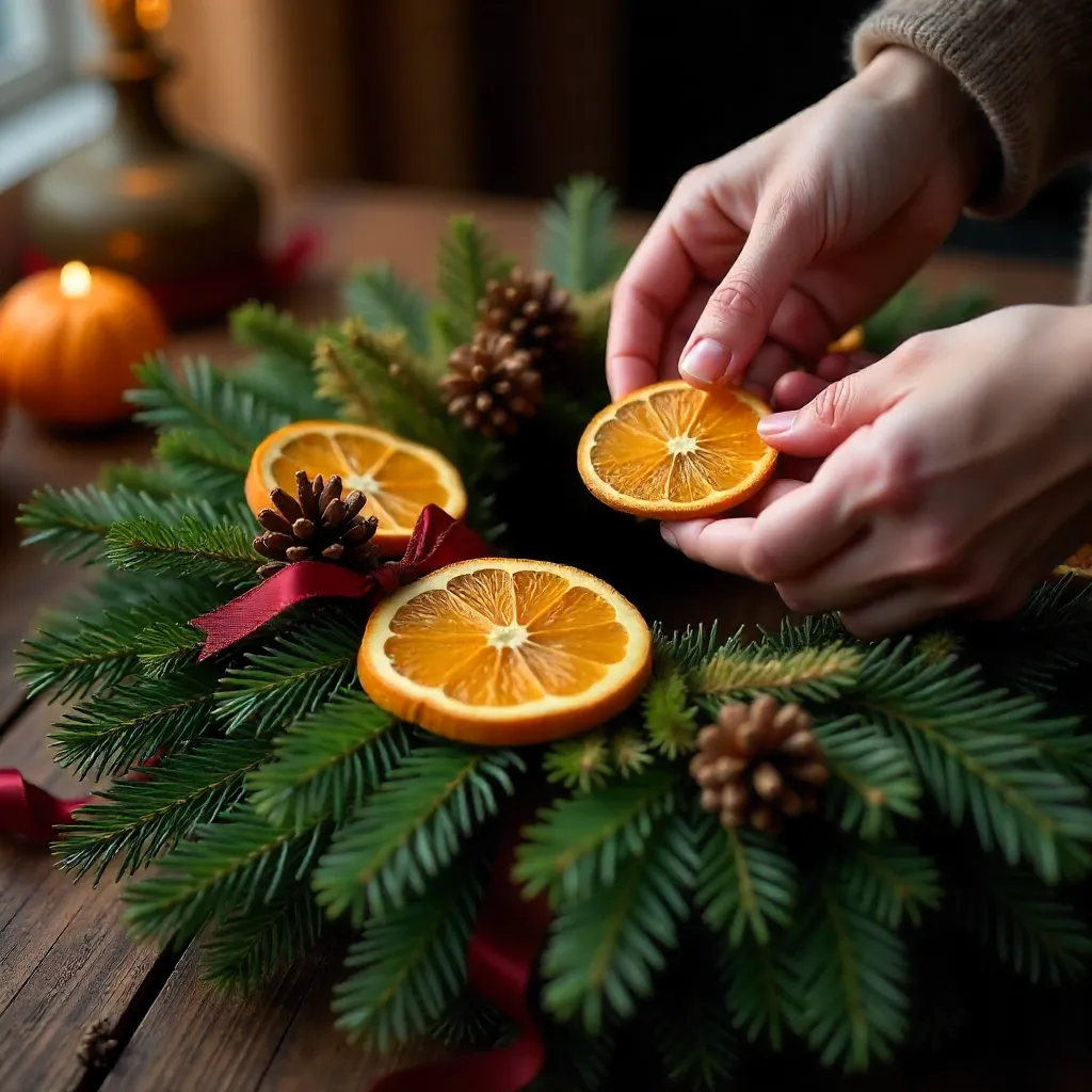 Hands Decorating a Christmas Wreath with Oranges and Pinecones