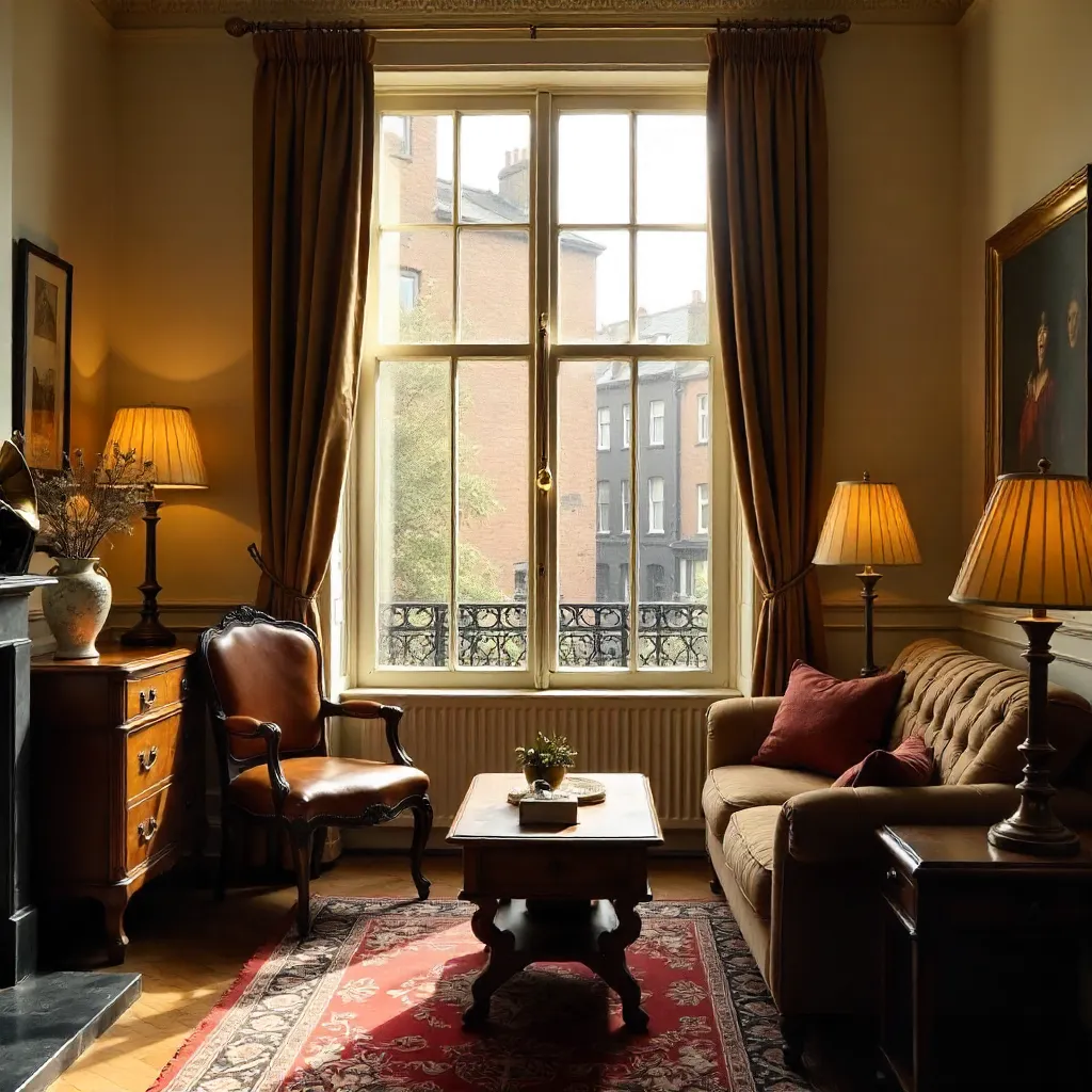 Sunlit London Room with Vintage Furnishings by the Window
