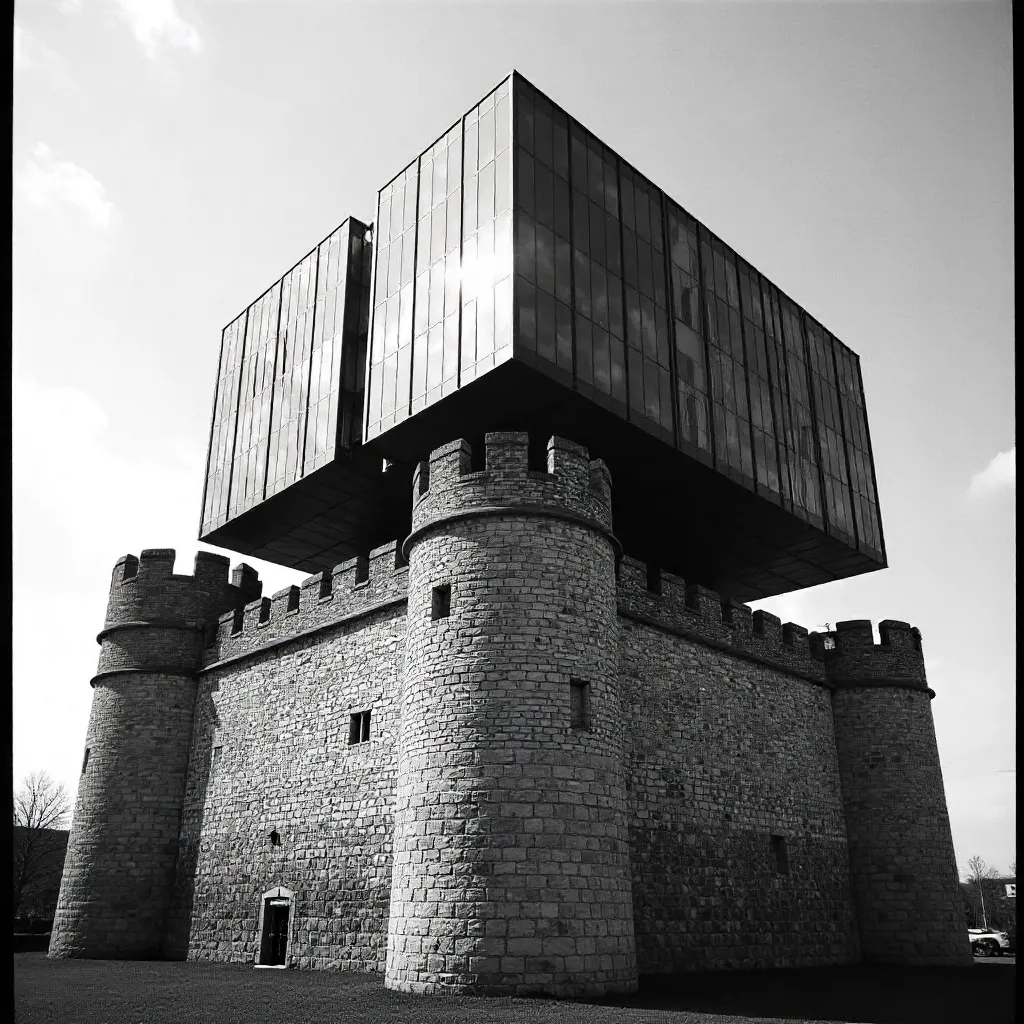 Historic Fortress Beneath a Modern Tower in Black and White