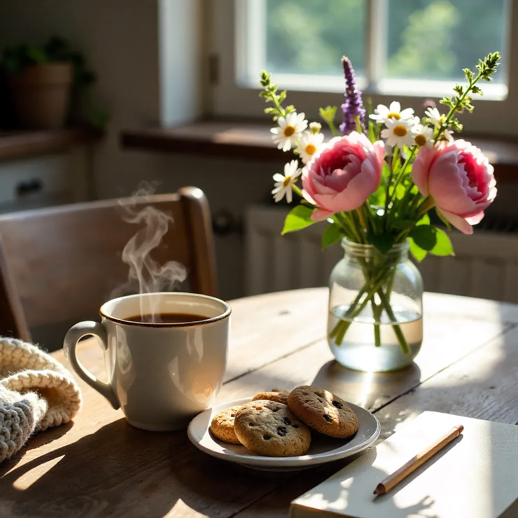 Cozy Morning with Coffee and Flowers