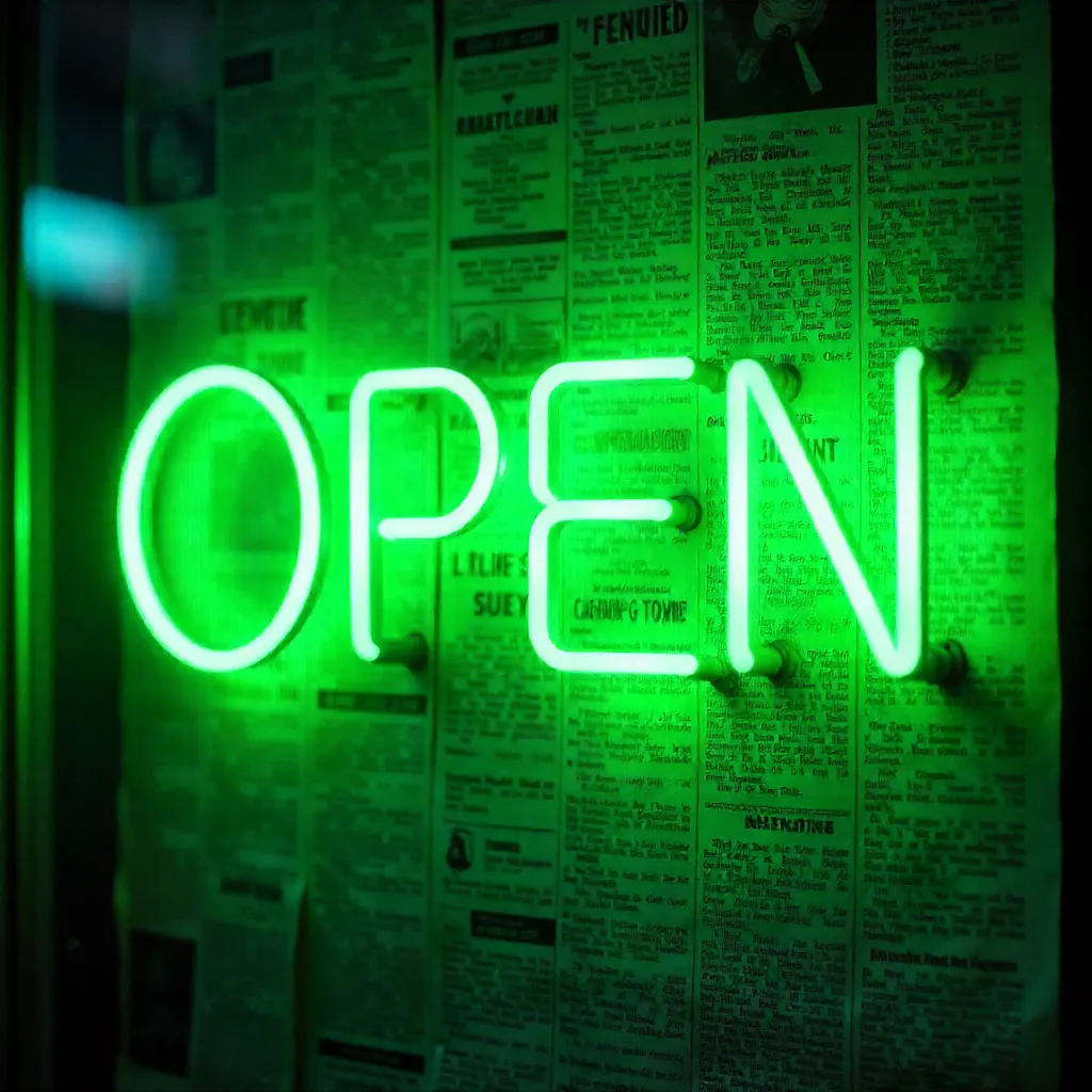 Neon Green Sign Over a Vintage Newspaper Backdrop