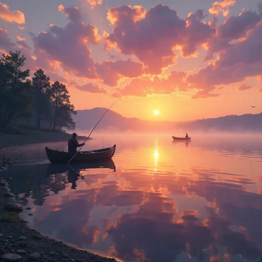 Sunrise Fishermen on a Tranquil Lake