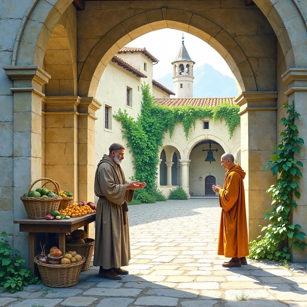 Watercolor Merchant in a Monastery Courtyard