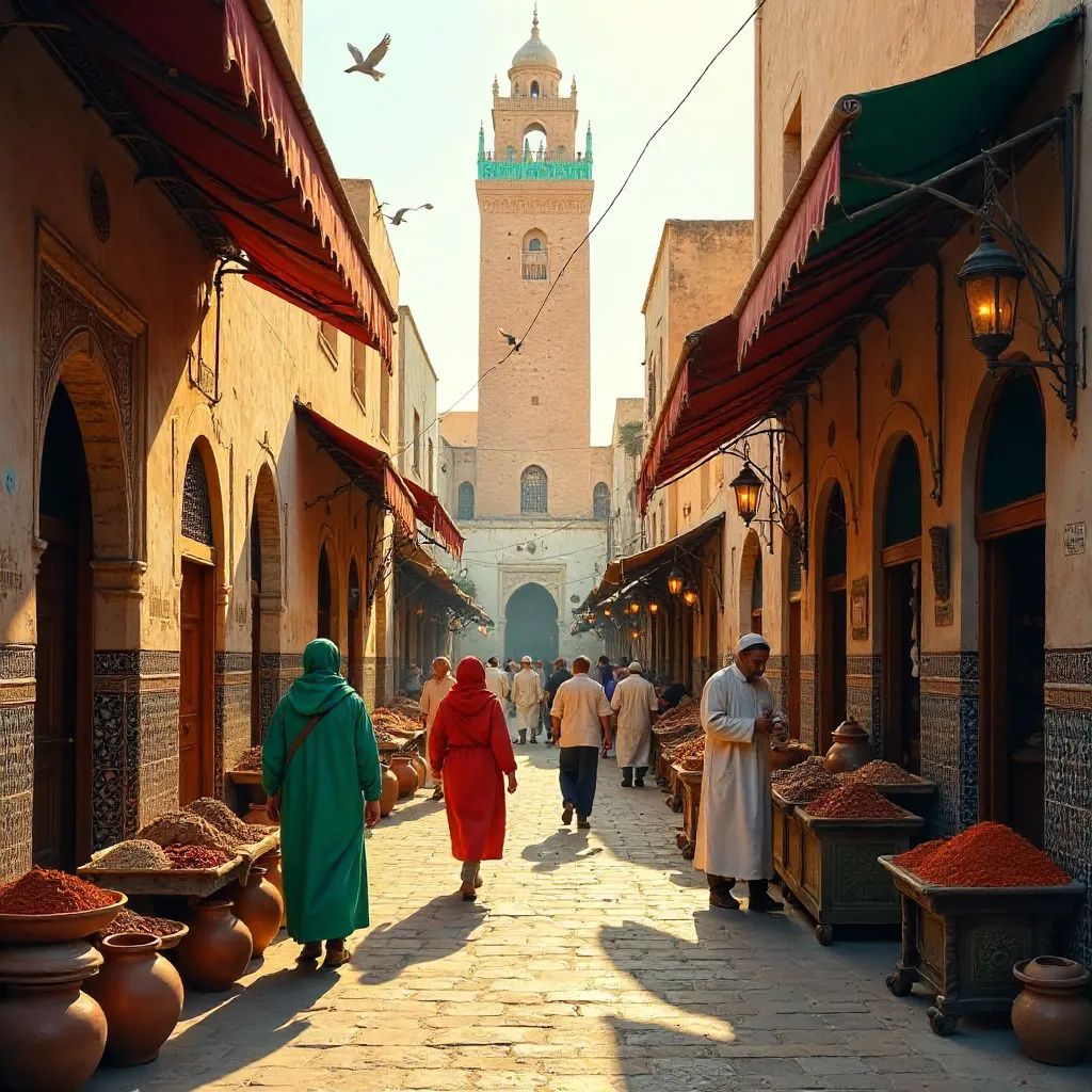 Medina Market at Dusk with a Grand Minaret