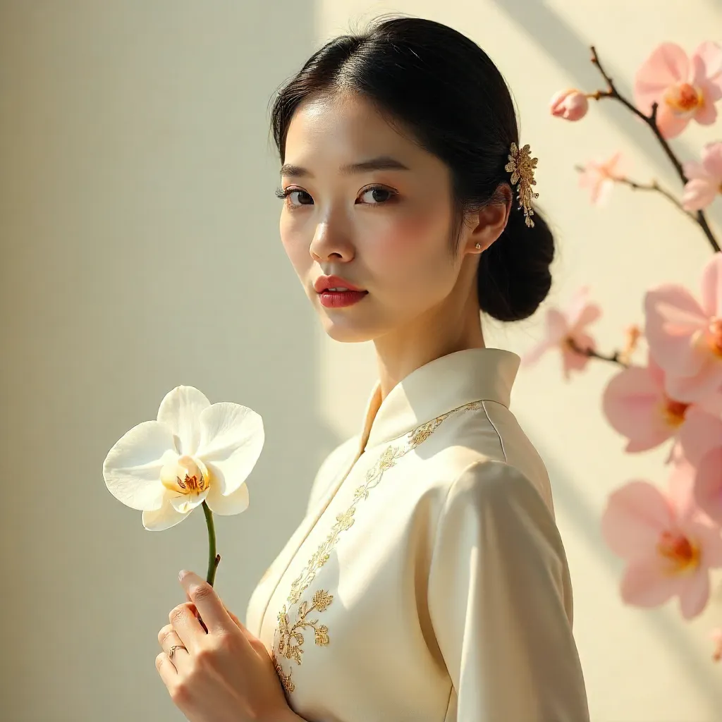 Elegant Asian Woman with Orchid Portrait