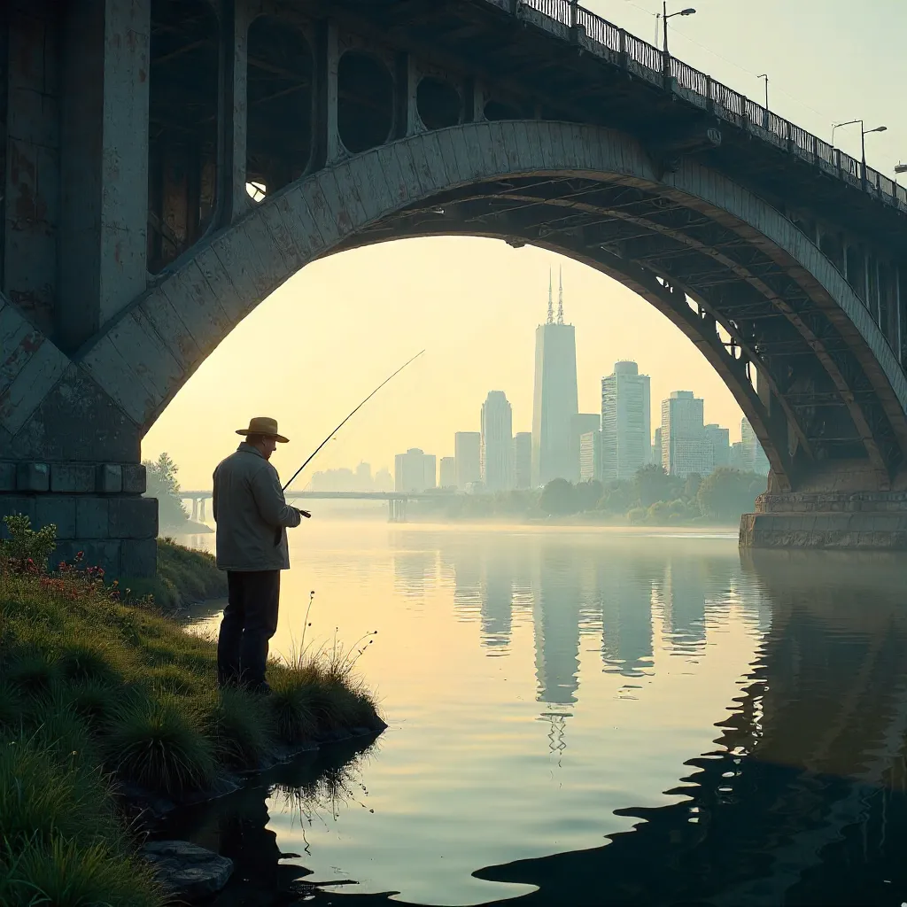 Serene River Fishing Beneath a Skyline Bridge