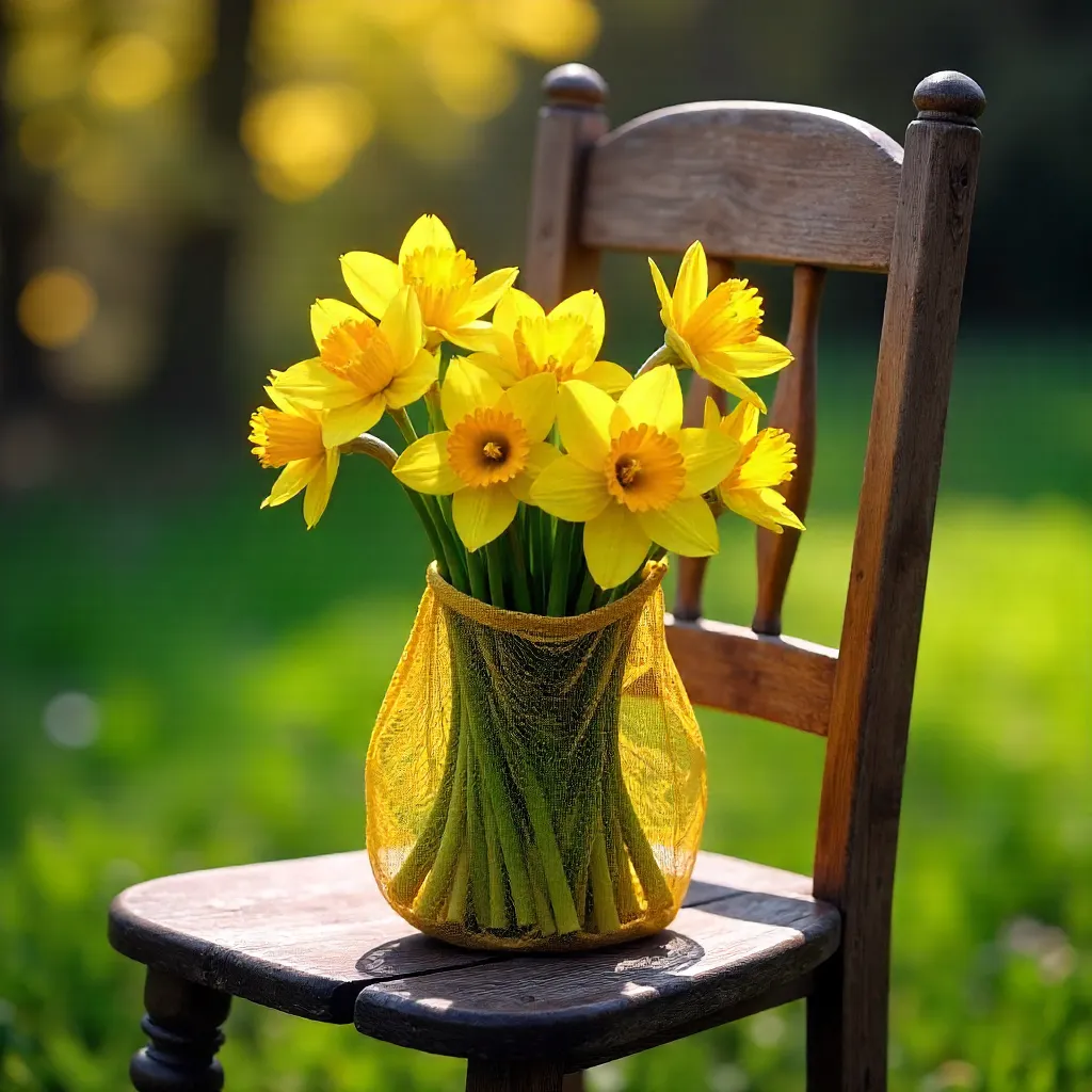 Daffodils in a Mesh Bag on a Rustic Outdoor Chair