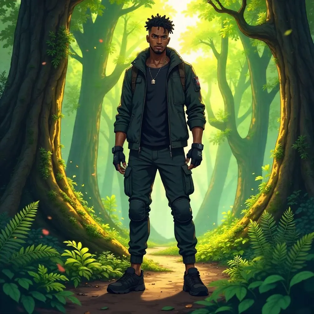 Confident Black Man in an Anime Forest Scene