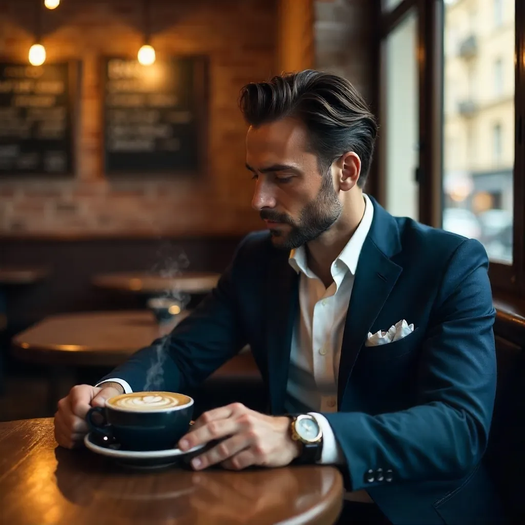 Dapper Gentleman Savoring Latte in a Slovak Café