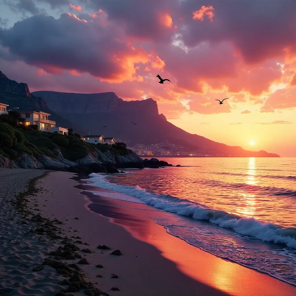 Sunset over Cape Town Beach with Table Mountain & Hillside Homes