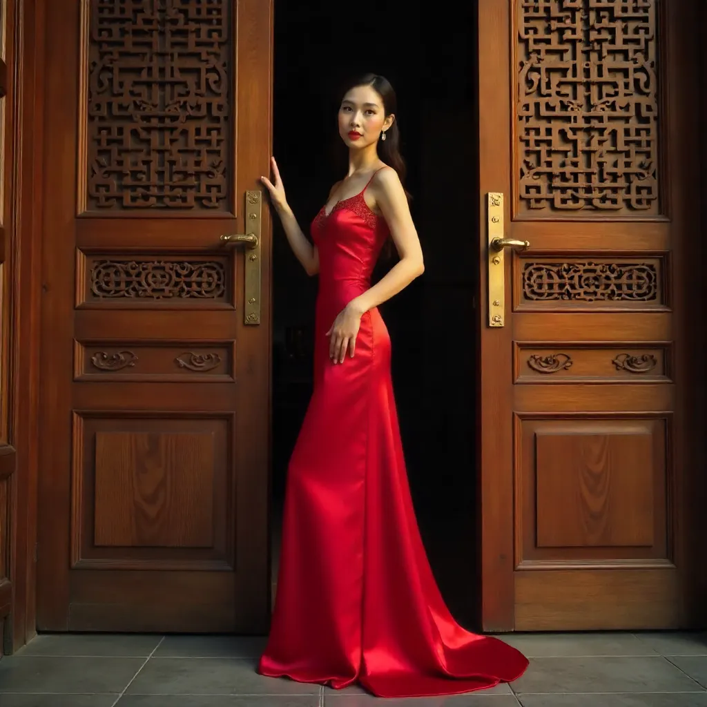 Elegant Red-Gown Portrait by Ornate Wooden Door