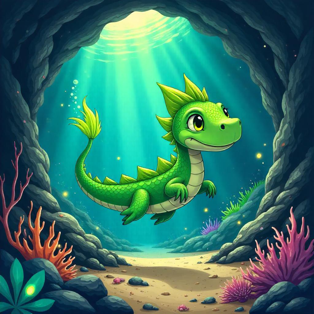 Cartoon Basilisk in an Underwater Cave