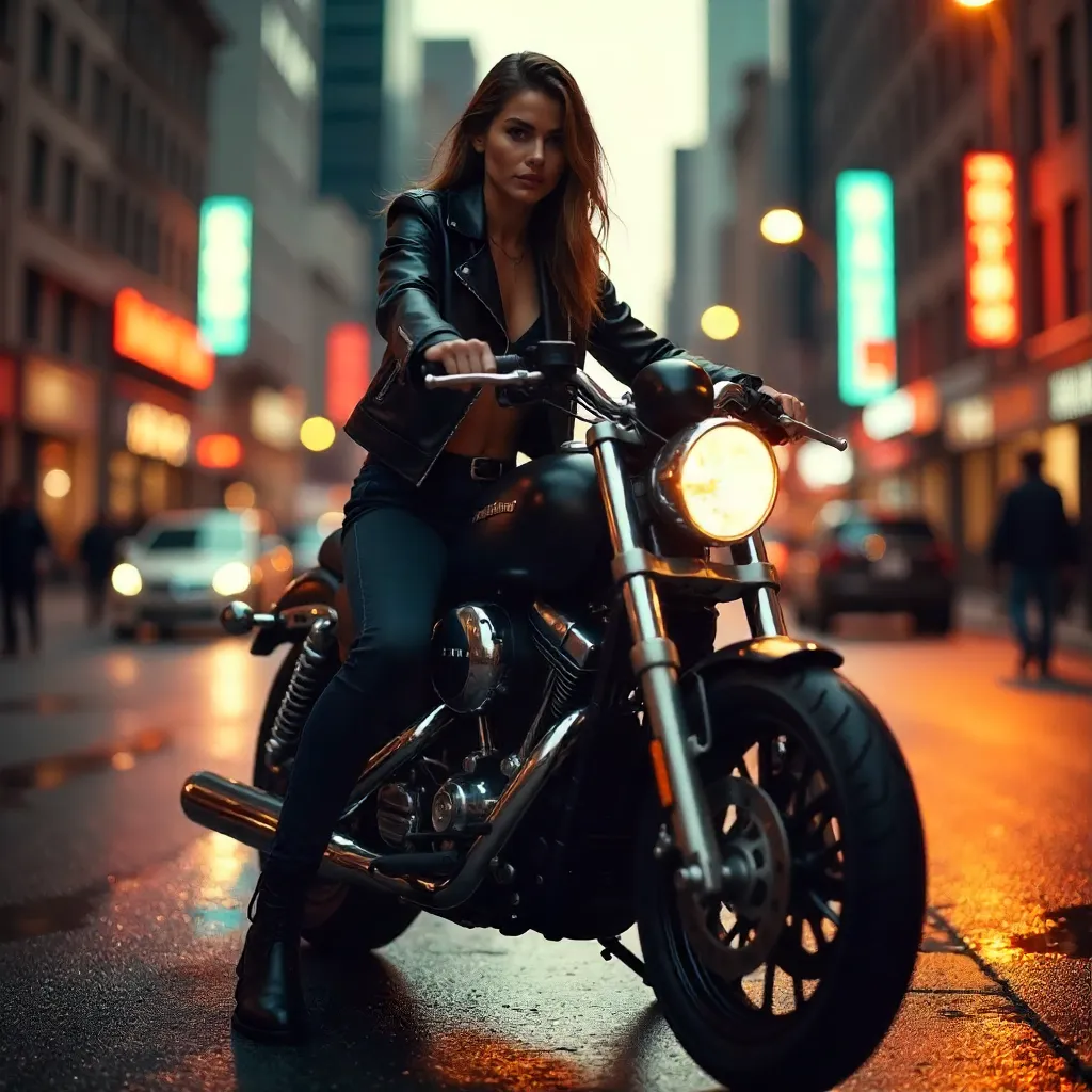 Confident Rider: Young Woman on a City Motorcycle