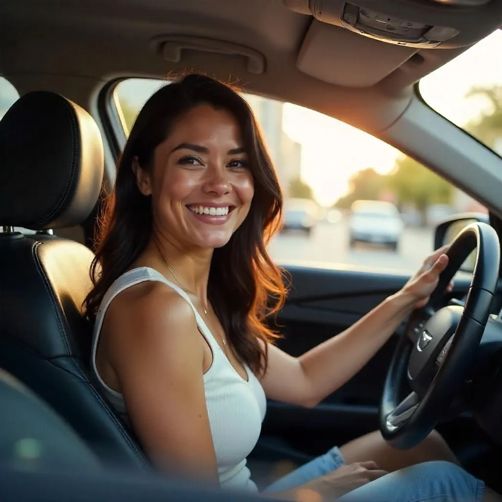 Cheerful Latina Woman in a Photorealistic Car