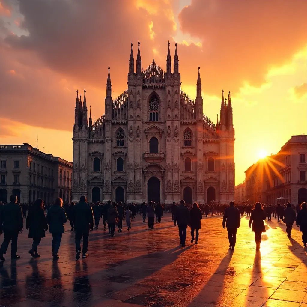 Silhouetted Strollers by Milan Cathedral at Sunset