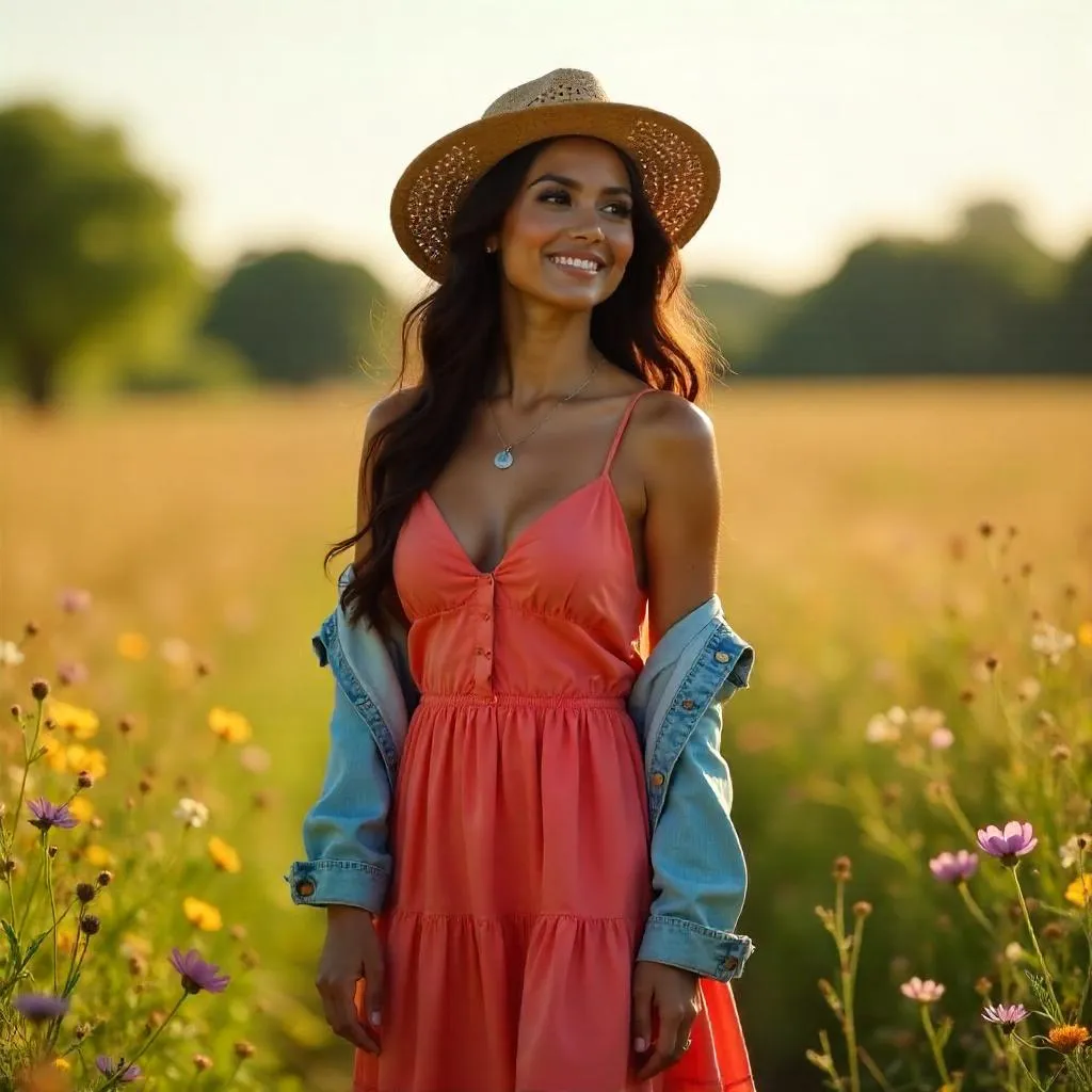 Sunlit Meadow Fashion: Latina Woman